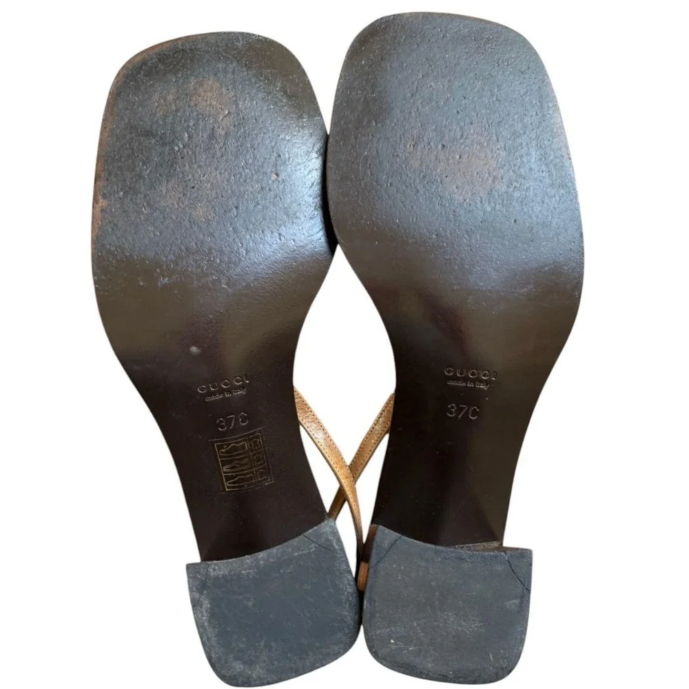 VTG.. 90s Tom Ford for Gucci Tan Leather Square Toe Block Heel Sandals 7-7.5 EUC